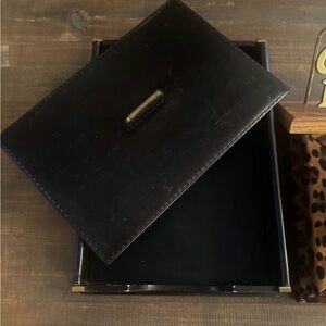 Vintage Mark Cross Italy Black Leather and Brass Desk File Set with Lid